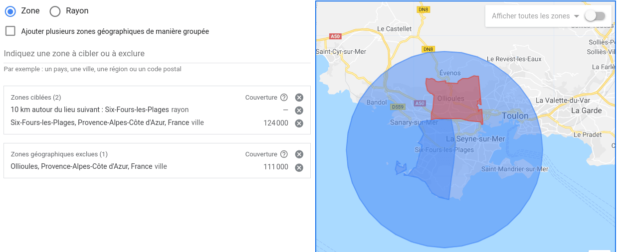 géolocalisation Google Ads avec exclusion
